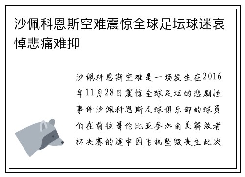 沙佩科恩斯空难震惊全球足坛球迷哀悼悲痛难抑