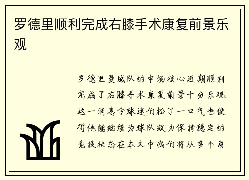 罗德里顺利完成右膝手术康复前景乐观 罗德里顺利完成右膝手术康复前景乐观